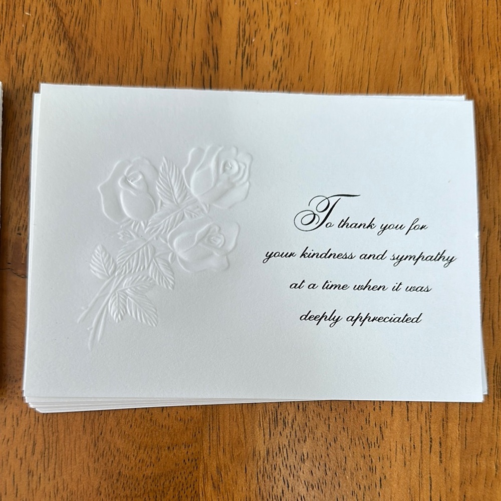 Sympathy thank you cards with matching envelopes. White with black writing